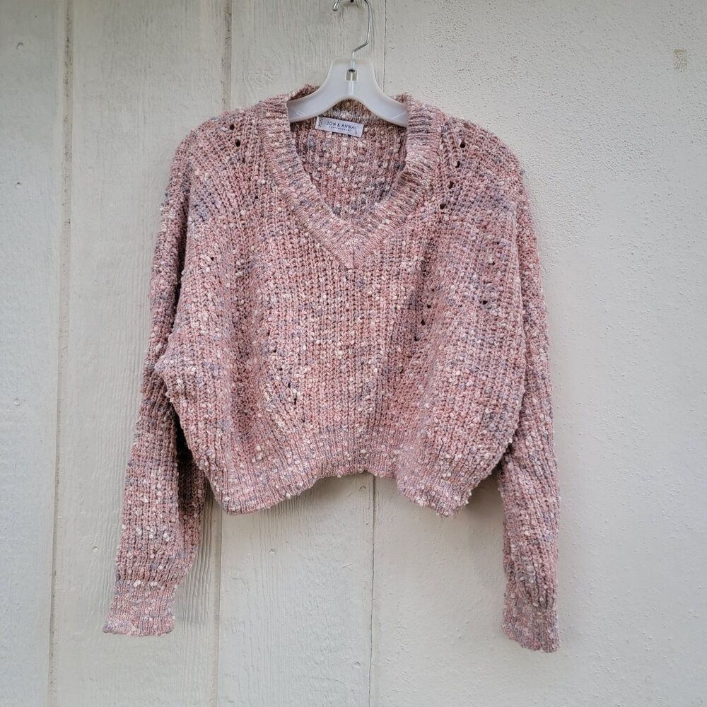 Jon & Anna contemporary cropped knit sweater sz L pink/gry/wht cozy
